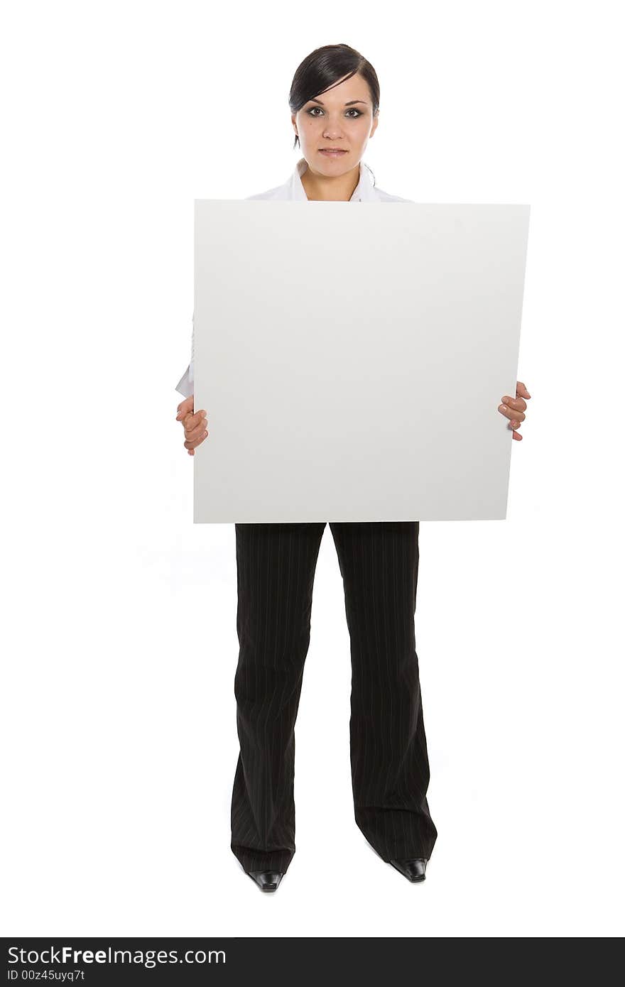 Attractive business woman with banner on white background. Attractive business woman with banner on white background