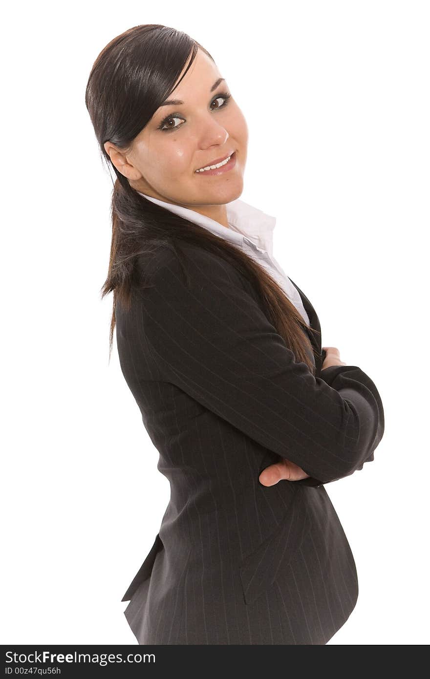 Attractive brunette businesswoman on white background