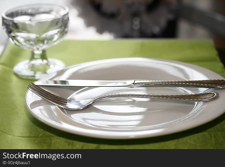 An upscale restaurant table set for dinner