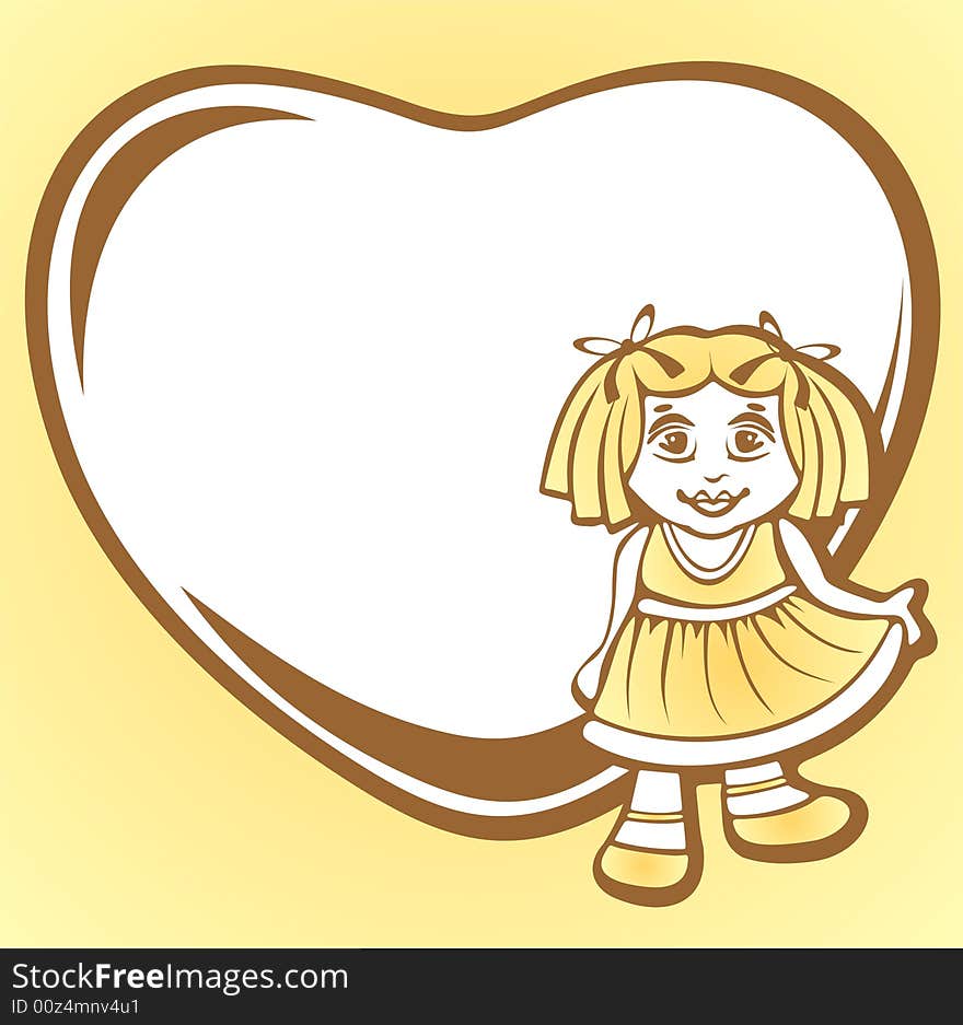 Cartoon  girl with  heart frame on a yellow background. Cartoon  girl with  heart frame on a yellow background.