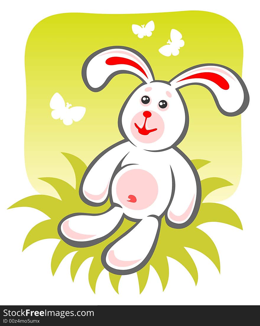 Cartoon happy rabbit sitting on a green background. Cartoon happy rabbit sitting on a green background.