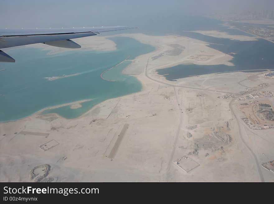 Aerial view of construction of island in dubai