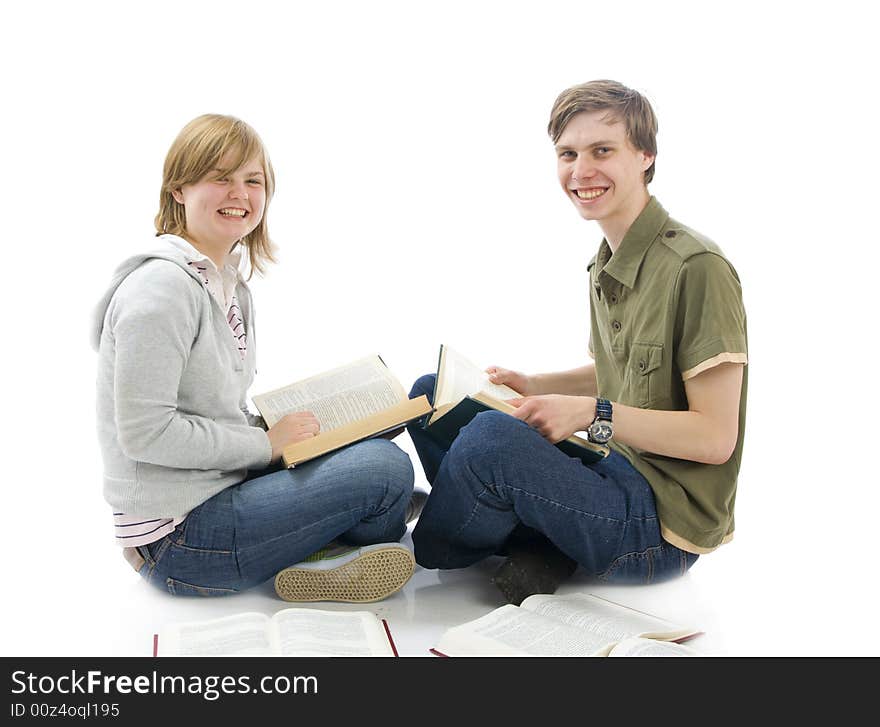 The two young students isolated on a white