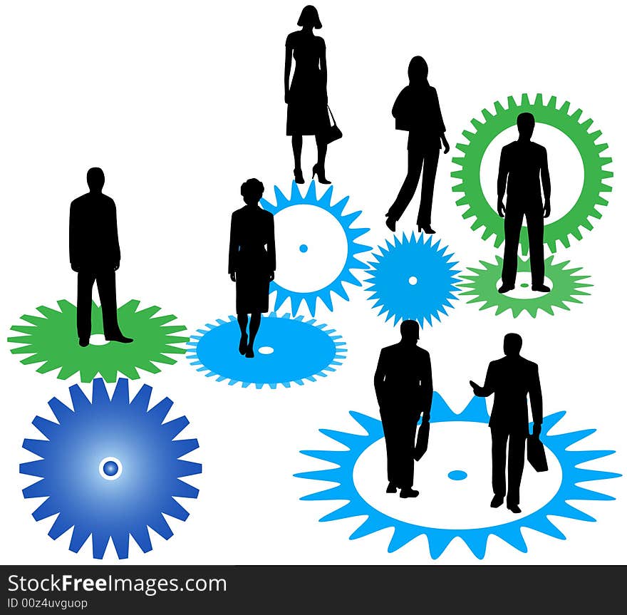 Illustration of business people and cogwheels