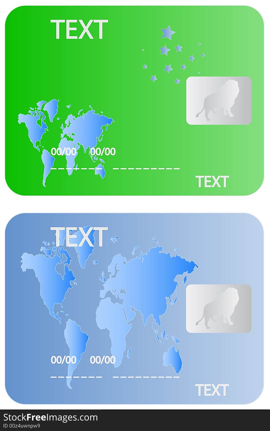 Illustration of banking cards, green, blue