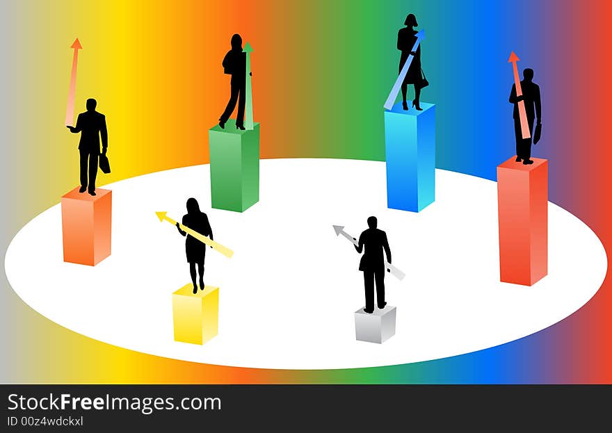 Illustration of people, graph and arrows. Illustration of people, graph and arrows