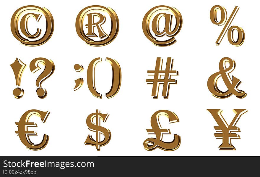 3D symbols. Currency, smiles, computer symbols. Isolated on white background.