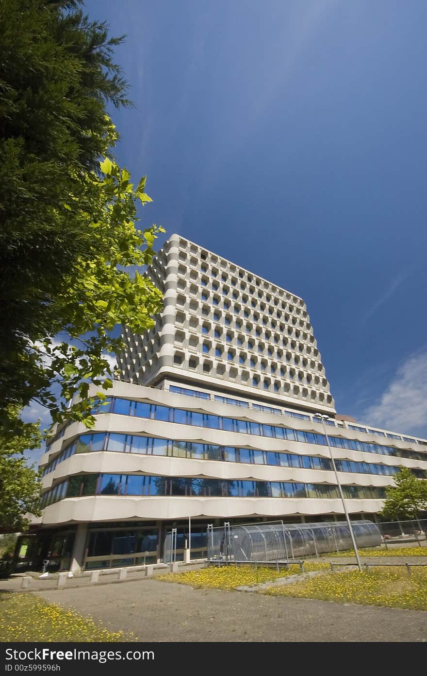 Multilevel office building on a sunny summer day