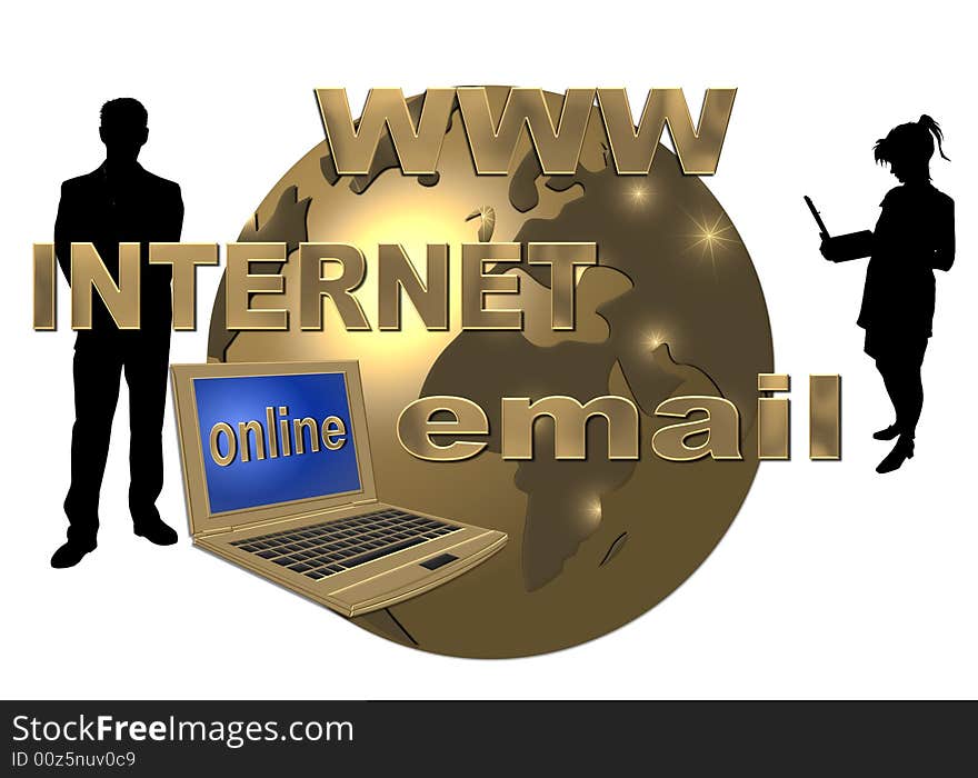 A golden world wide web globe with two working people silhouettes