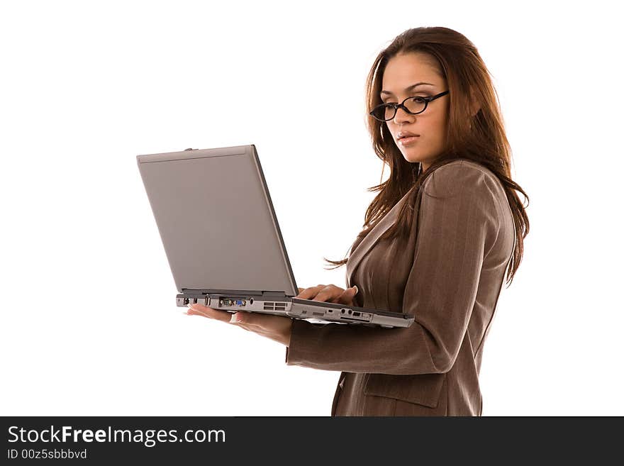 Beautiful young woman holding laptop