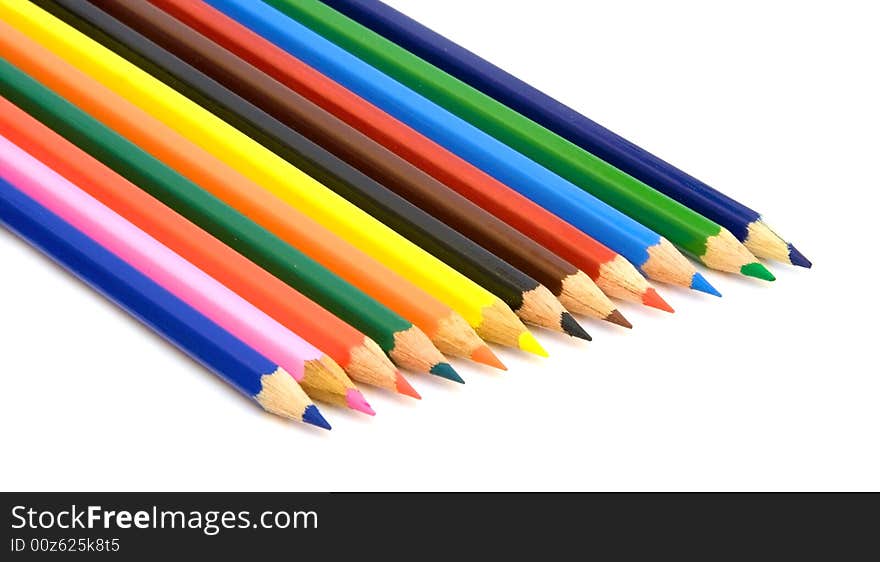 Group of color pencils close-up, isolated