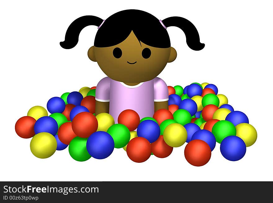 3D illustration of a girl playing in a pool of plastic balls. 3D illustration of a girl playing in a pool of plastic balls