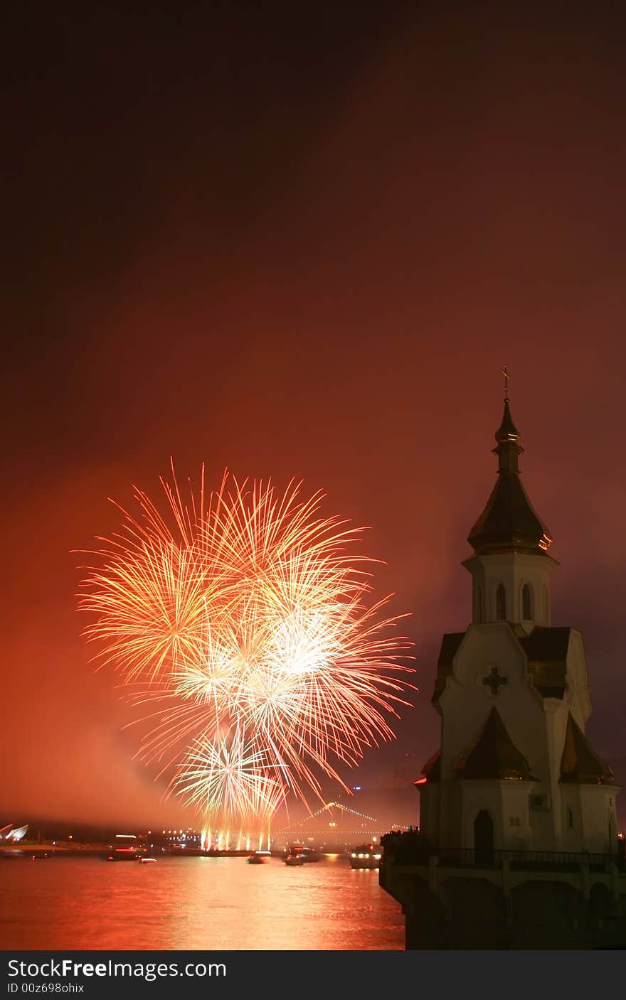 Firework And Church On River