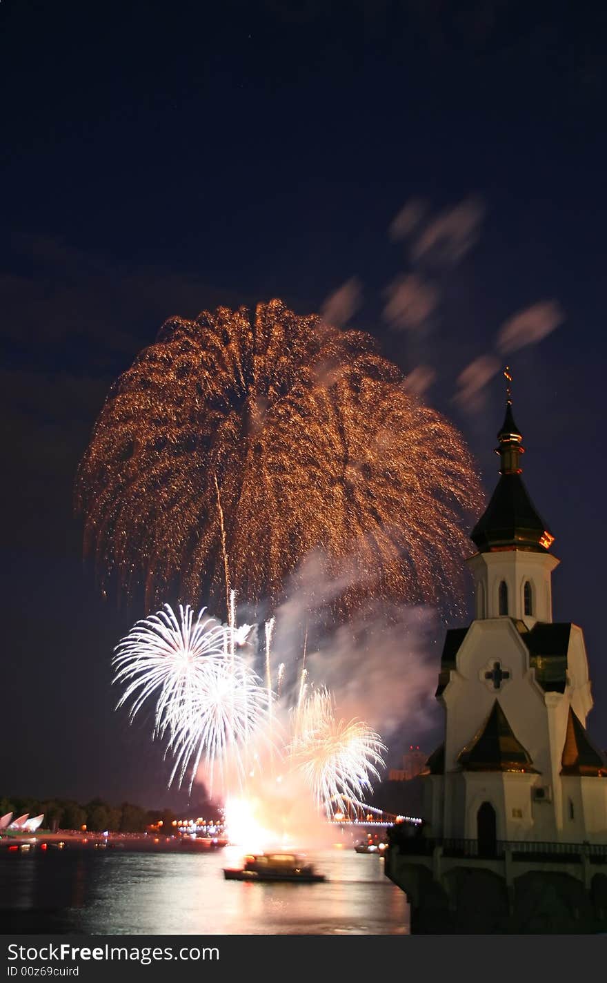 Firework And Church On River