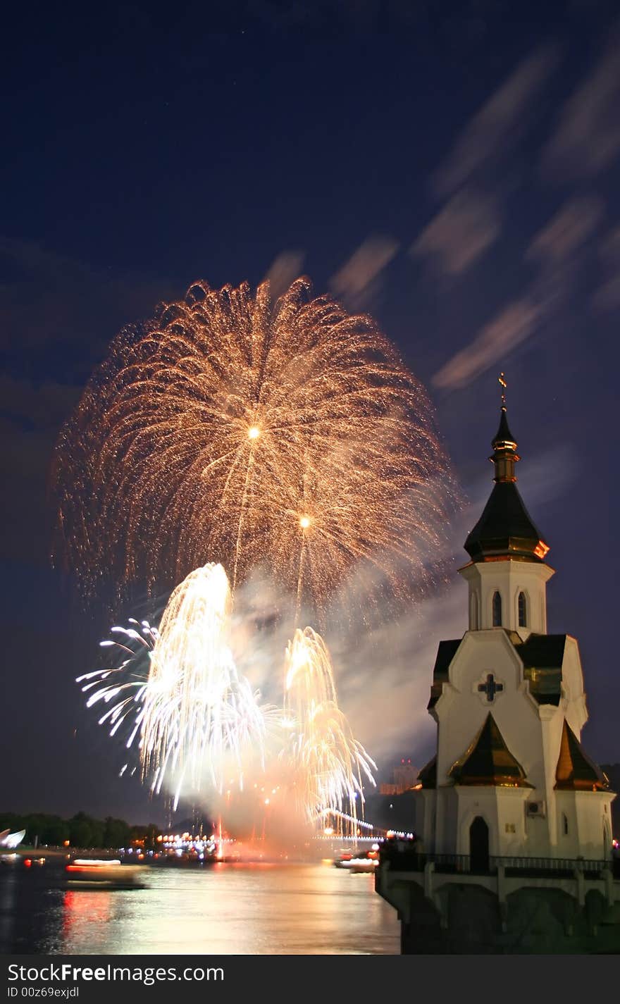 Firework and church on river