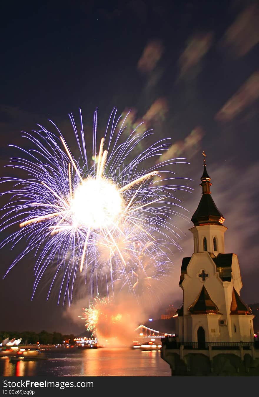 Firework And Church On River