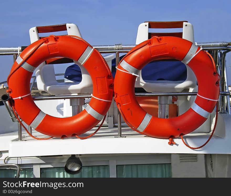 A couple of life rings aboard on a yacht bridge