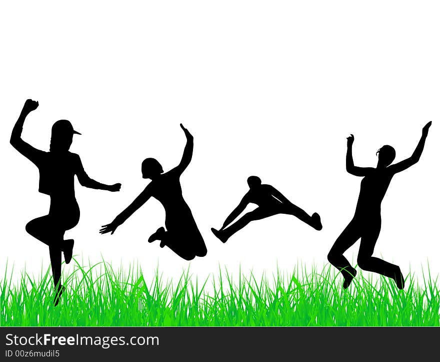 Illustration of people jumping and grass