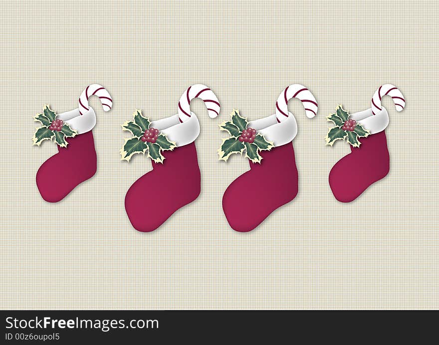 Illustration of four Christmas stockings handing in a row. Illustration of four Christmas stockings handing in a row