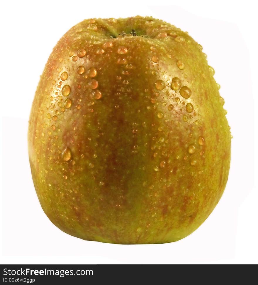 Ripe striped apple with drops of water on a skin. Ripe striped apple with drops of water on a skin