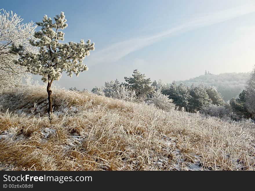 Sunny winter landscape with tree and monastery on mountain in background. Sunny winter landscape with tree and monastery on mountain in background.