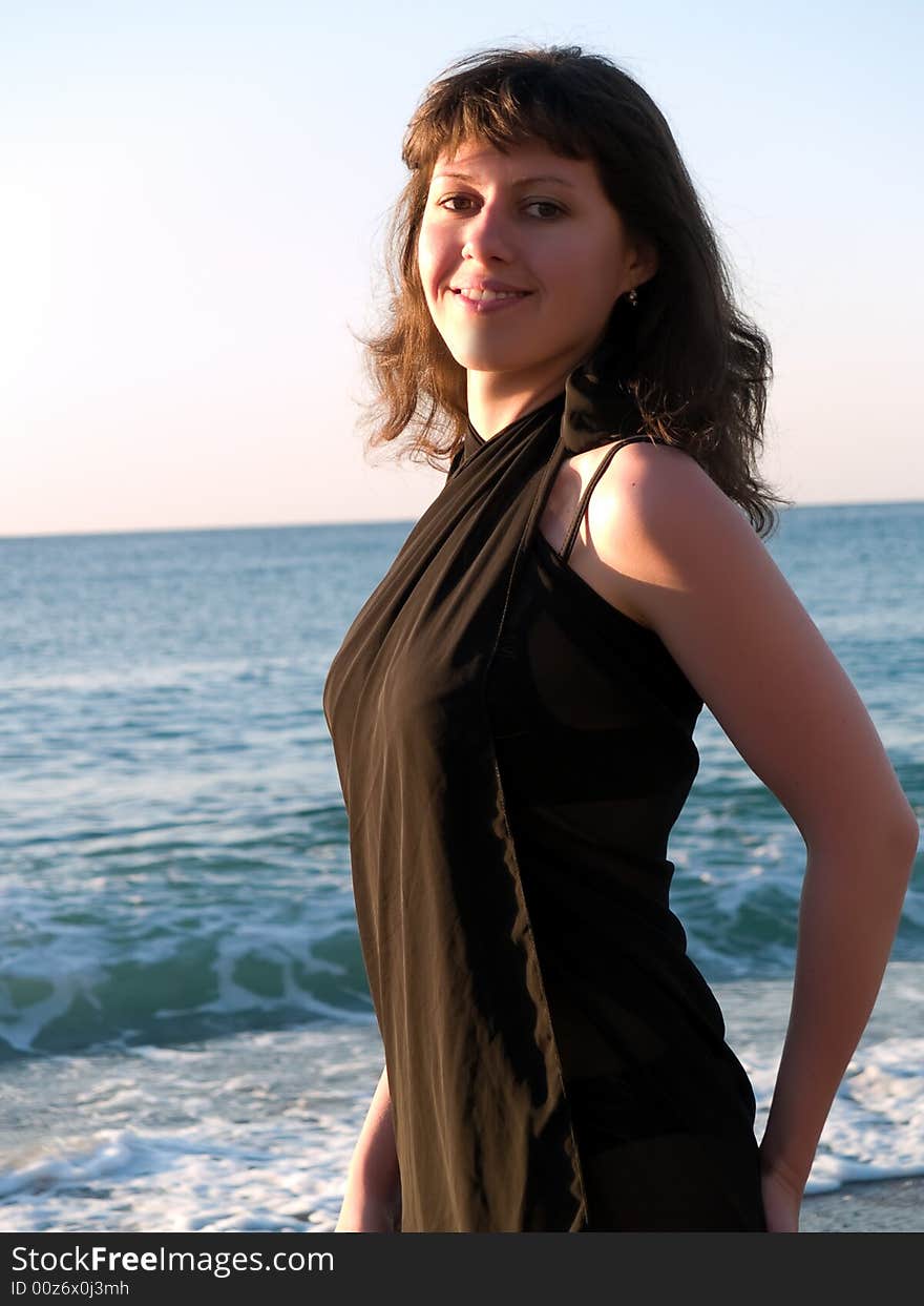 Beautiful Young Lady Posing black Bikini Sunrise