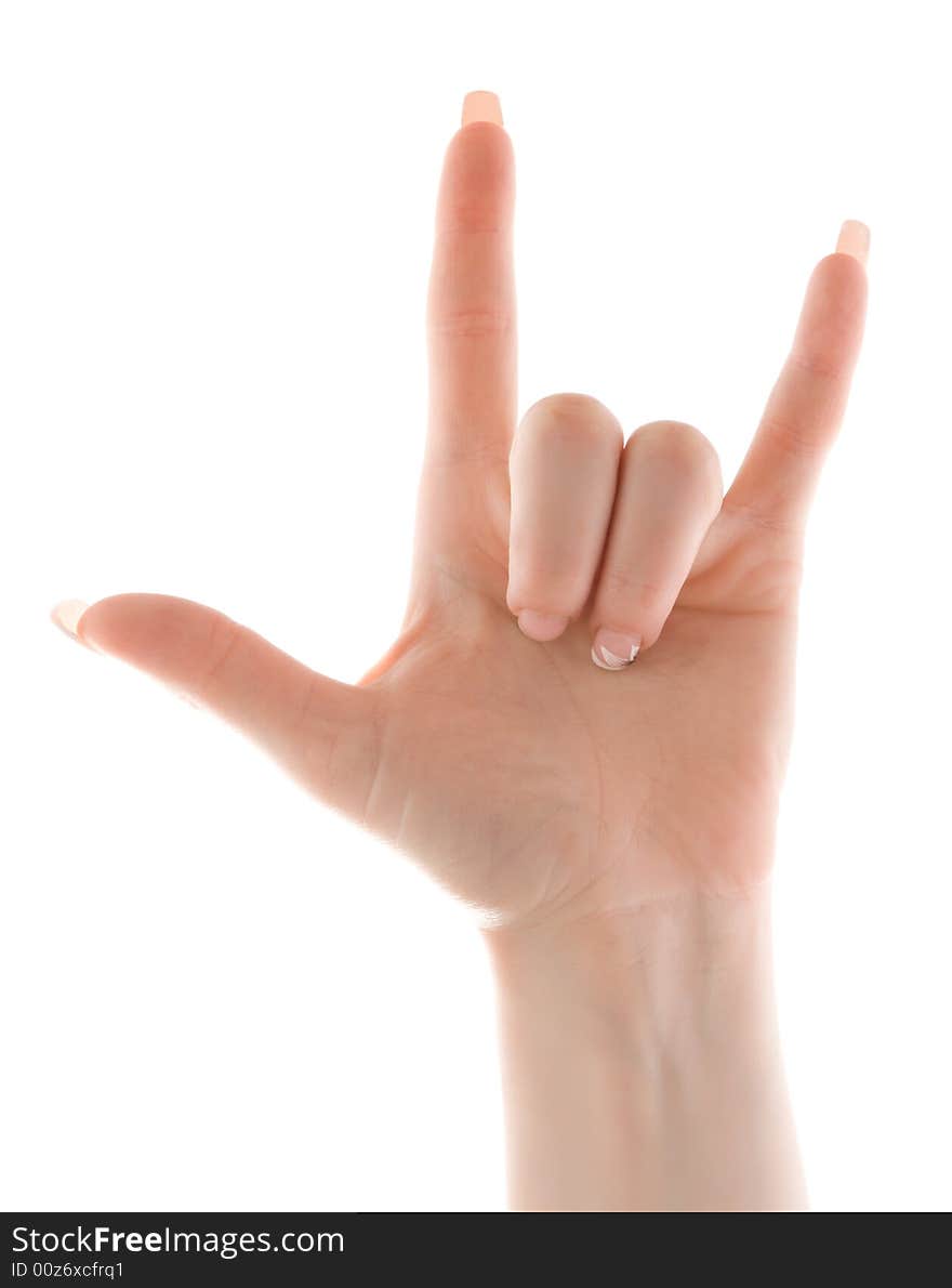 ILY handshape with palm out, thumb, little, and index fingers up. Isolated, over white. ILY handshape with palm out, thumb, little, and index fingers up. Isolated, over white