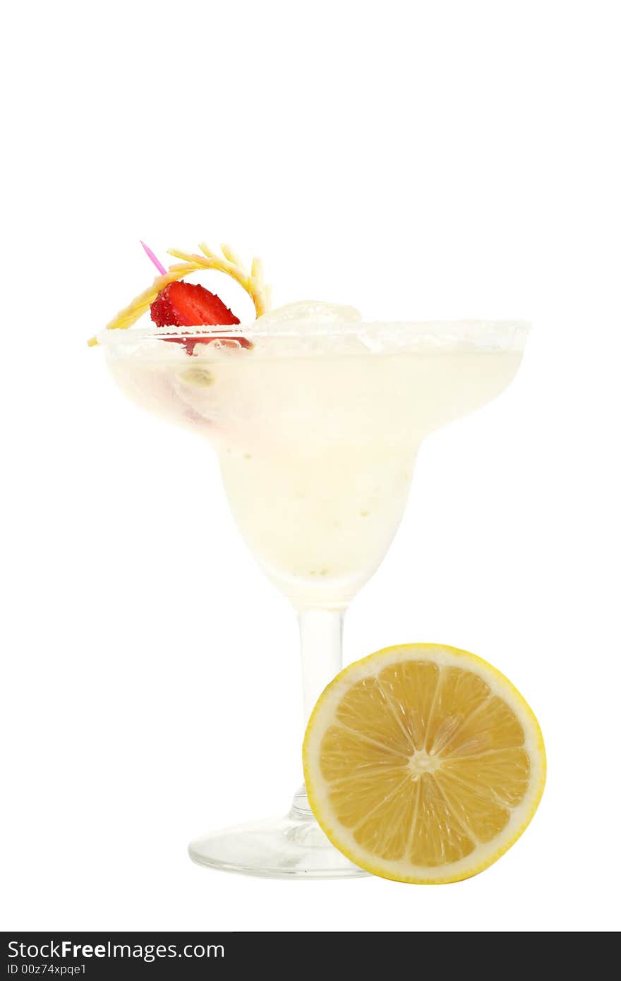 Refreshment Acoholic Drink made of Tequila, Lemon Juice, and Liqueur. Served with salt on the glass rim. Lemon and Strawberry Garnish. Isolated on White Background. Refreshment Acoholic Drink made of Tequila, Lemon Juice, and Liqueur. Served with salt on the glass rim. Lemon and Strawberry Garnish. Isolated on White Background.