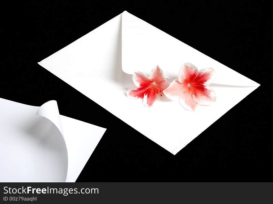 White envelope with red flowers on black background. White envelope with red flowers on black background