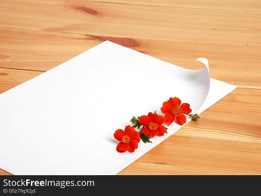 Love letter background with flowers - blank piece of paper laying on the table, place for additional text or logo. Love letter background with flowers - blank piece of paper laying on the table, place for additional text or logo