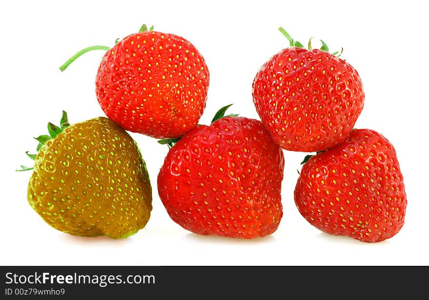 Five fresh strawberries on a white background. Five fresh strawberries on a white background