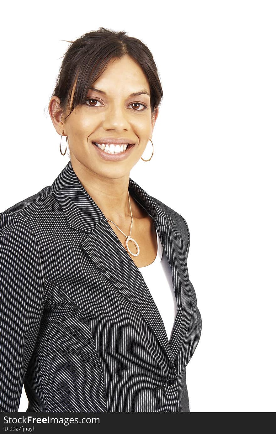 Beautiful brunette woman in pinstripe suit. Isolated on white background with copy space