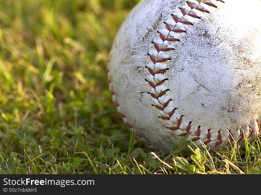 A worn softball lying on the grass. A worn softball lying on the grass