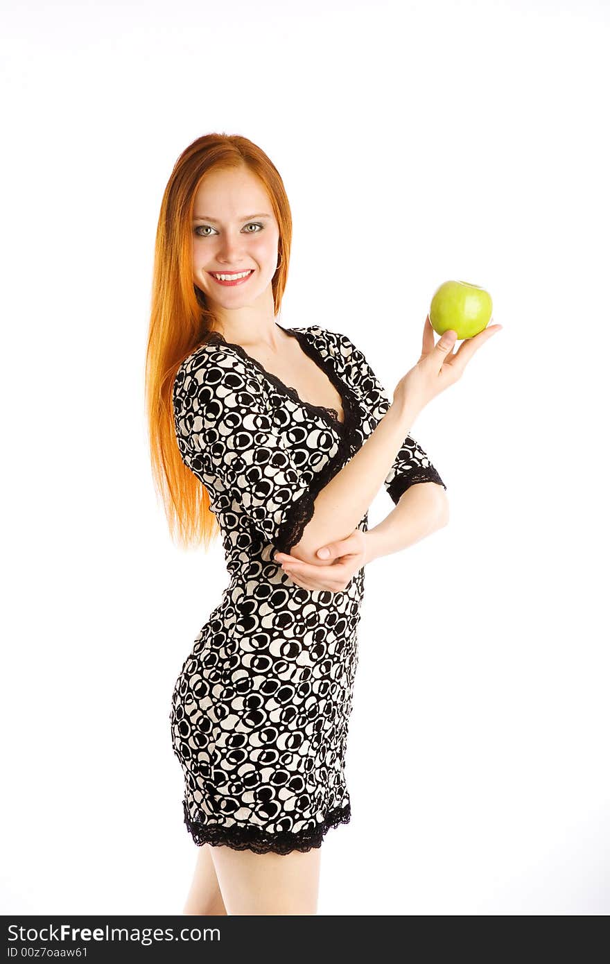 Green tasty apple in hand of the girl. Green tasty apple in hand of the girl