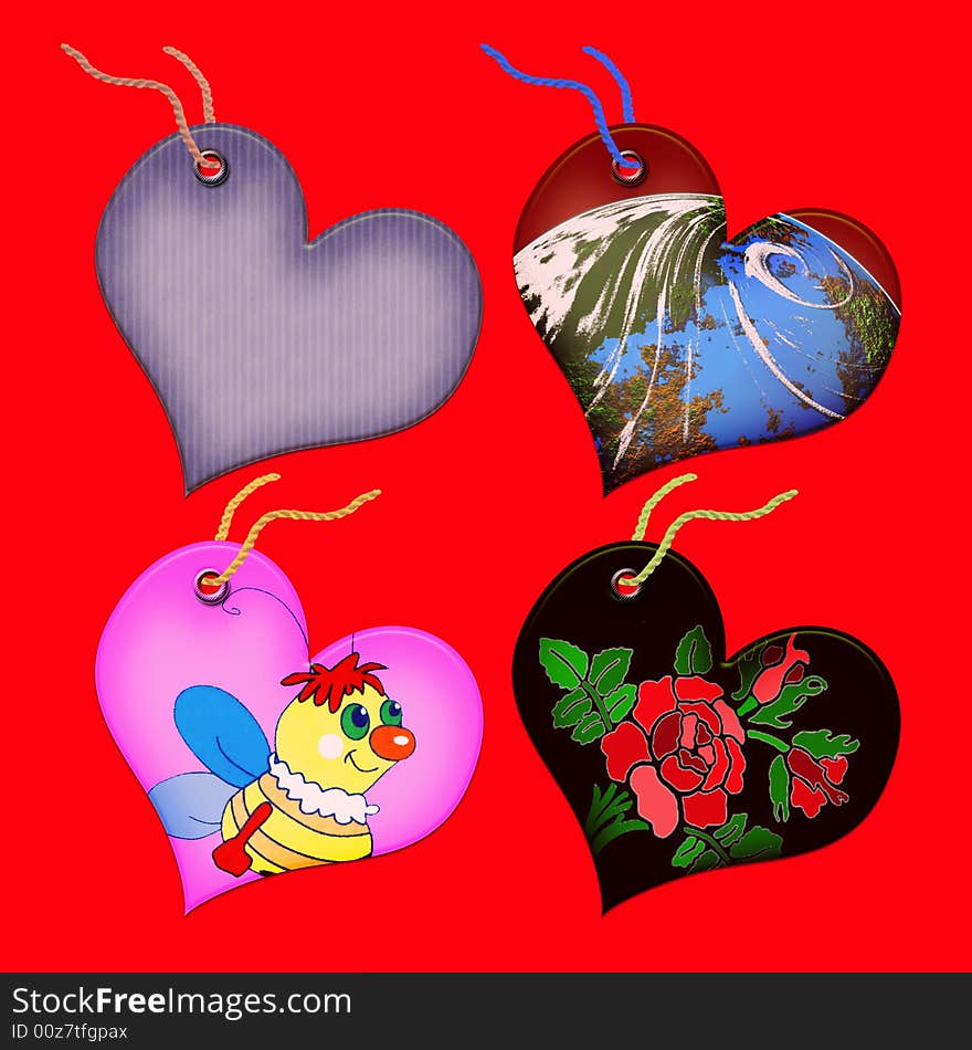 Gift tags in the form of heart. Isolated on a red background