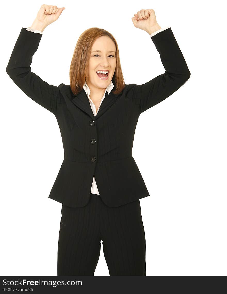 Shot of young business woman excited, raise up her hand. Shot of young business woman excited, raise up her hand