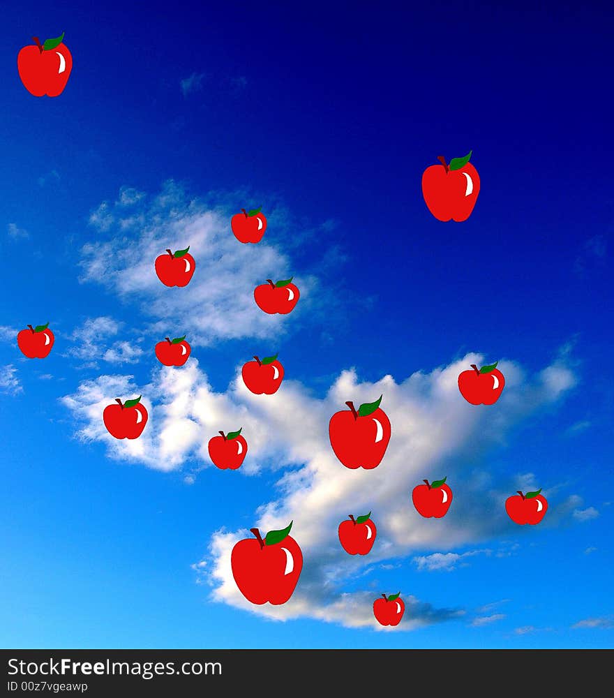 Red apples over a blue and cloudy sky. Red apples over a blue and cloudy sky