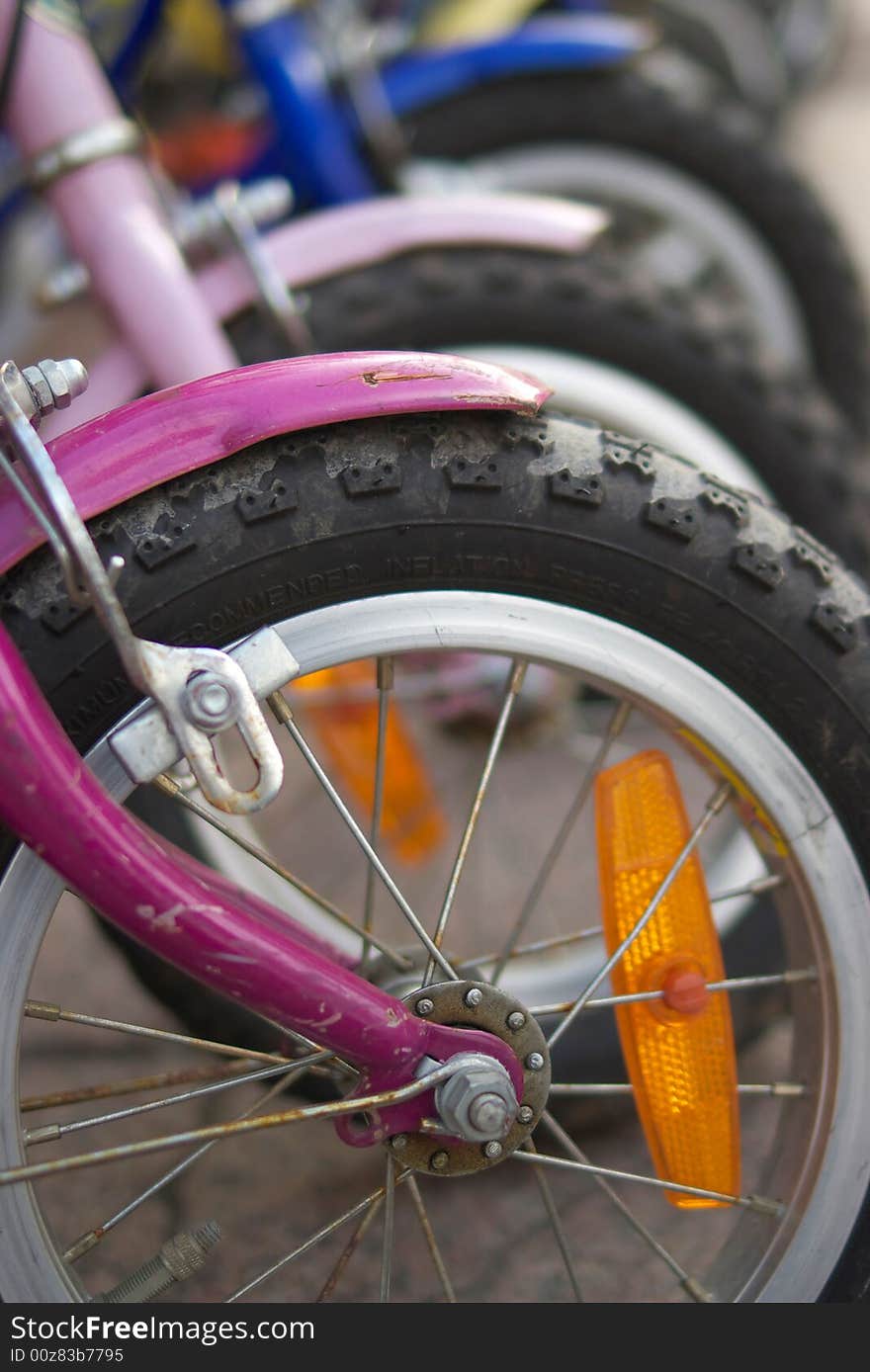 These are front wheels of the bicycles. These are front wheels of the bicycles.