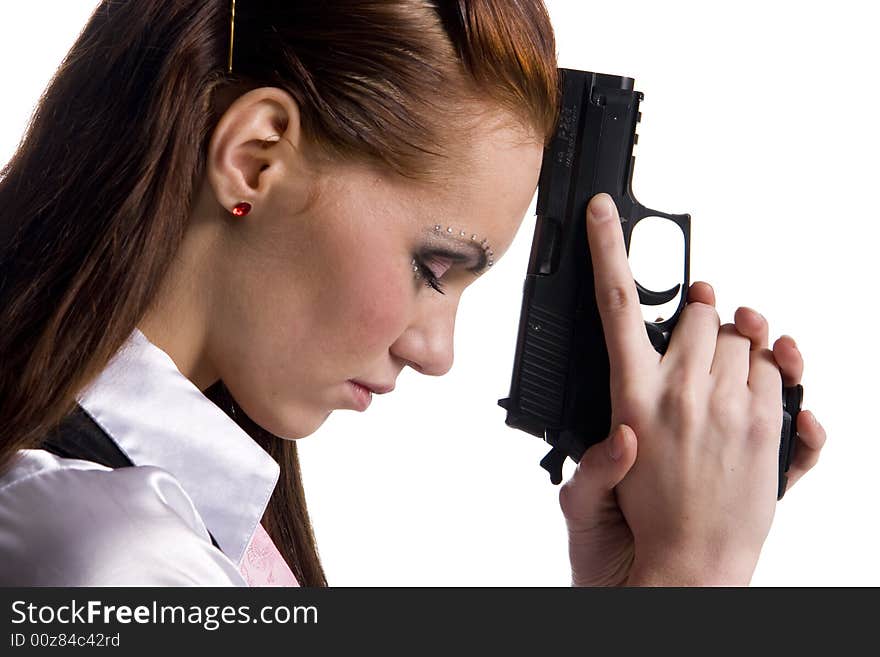 Young beautiful woman with big black gun. Young beautiful woman with big black gun