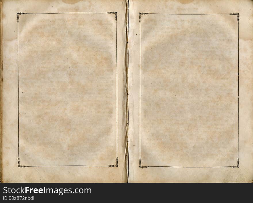 Old book open on both blank shabby pages with frames. Old book open on both blank shabby pages with frames.