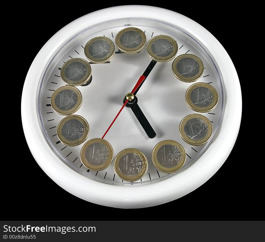 White clock and money on black background