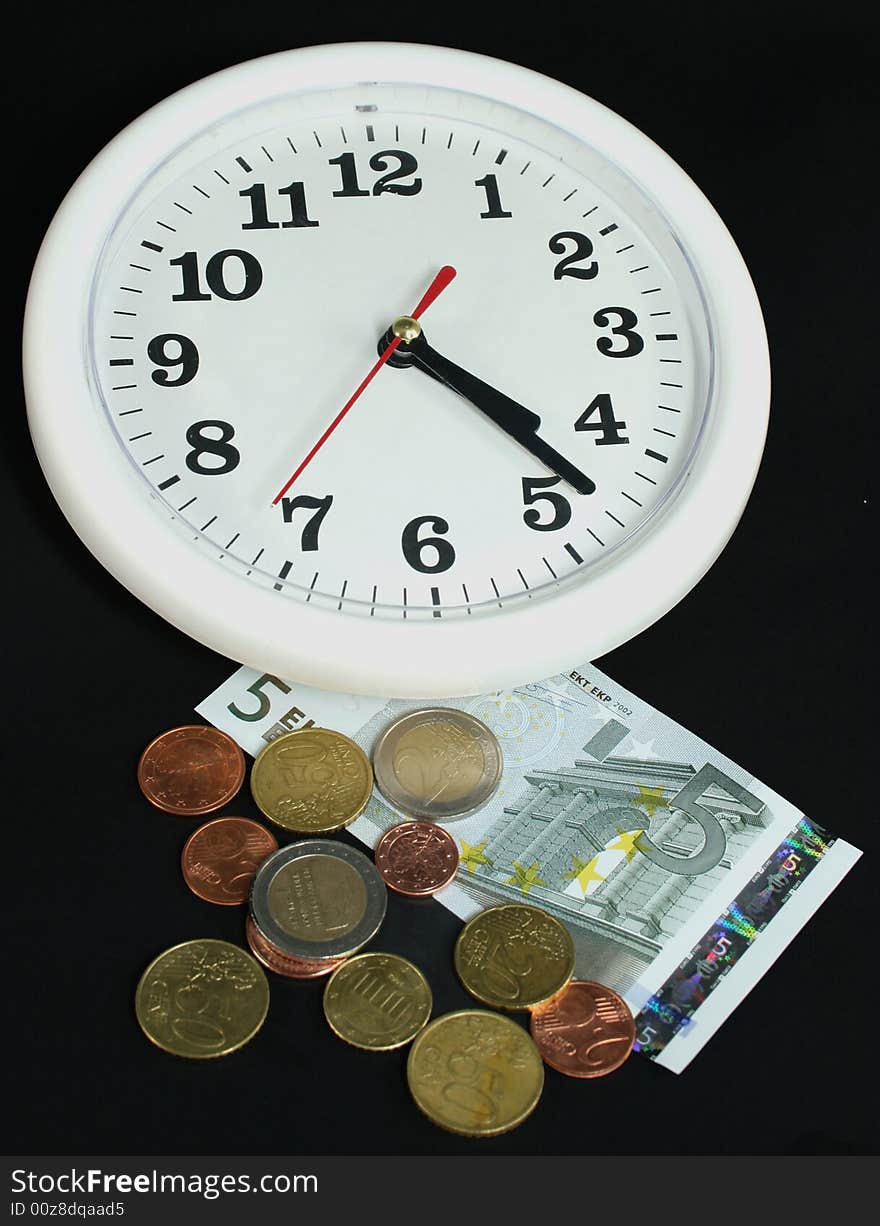 White Clock And Money On Black Background