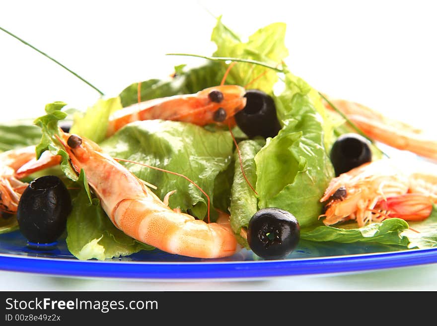 Fresh shrimp salad with oil and chive