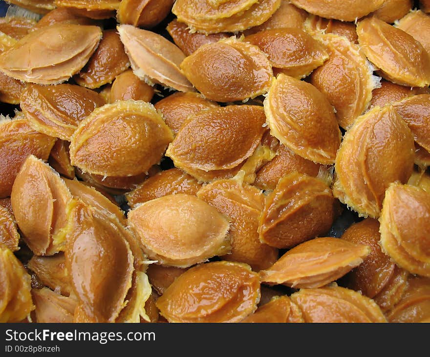 Apricot nuts in apricot drying factory , Armenia