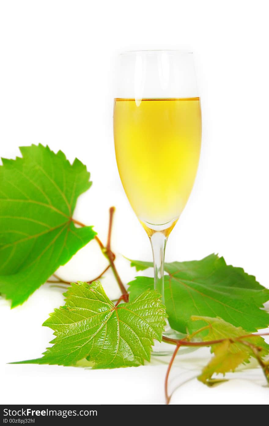 Muscat glass of wine with leaves on white