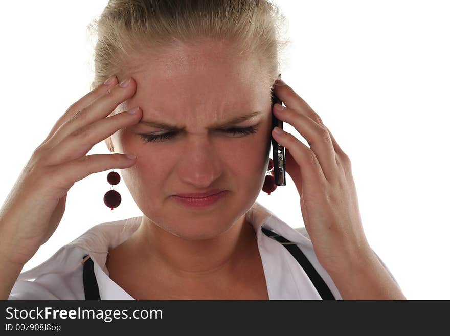 Business woman is talking by mobile phone with Headache