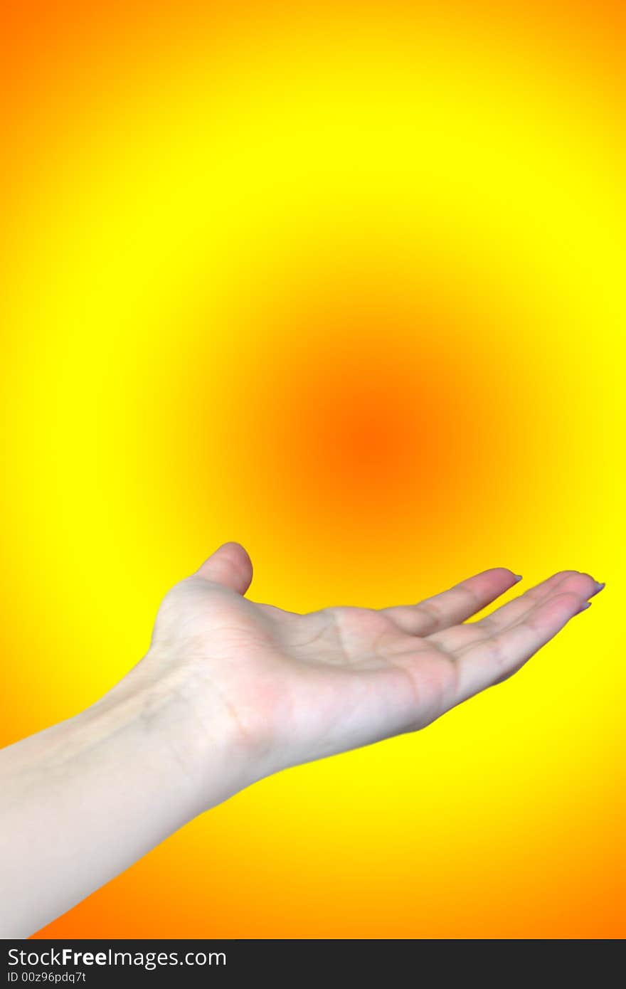 Hand of the person on varicoloured background by open palm upwards