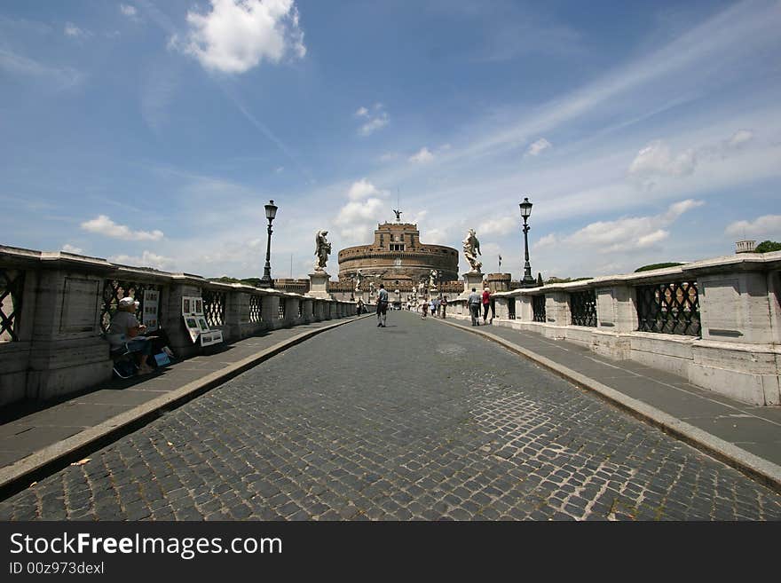 Saint Angel Bridge across Tiber in Rome, view to Saint Angel Castle.
