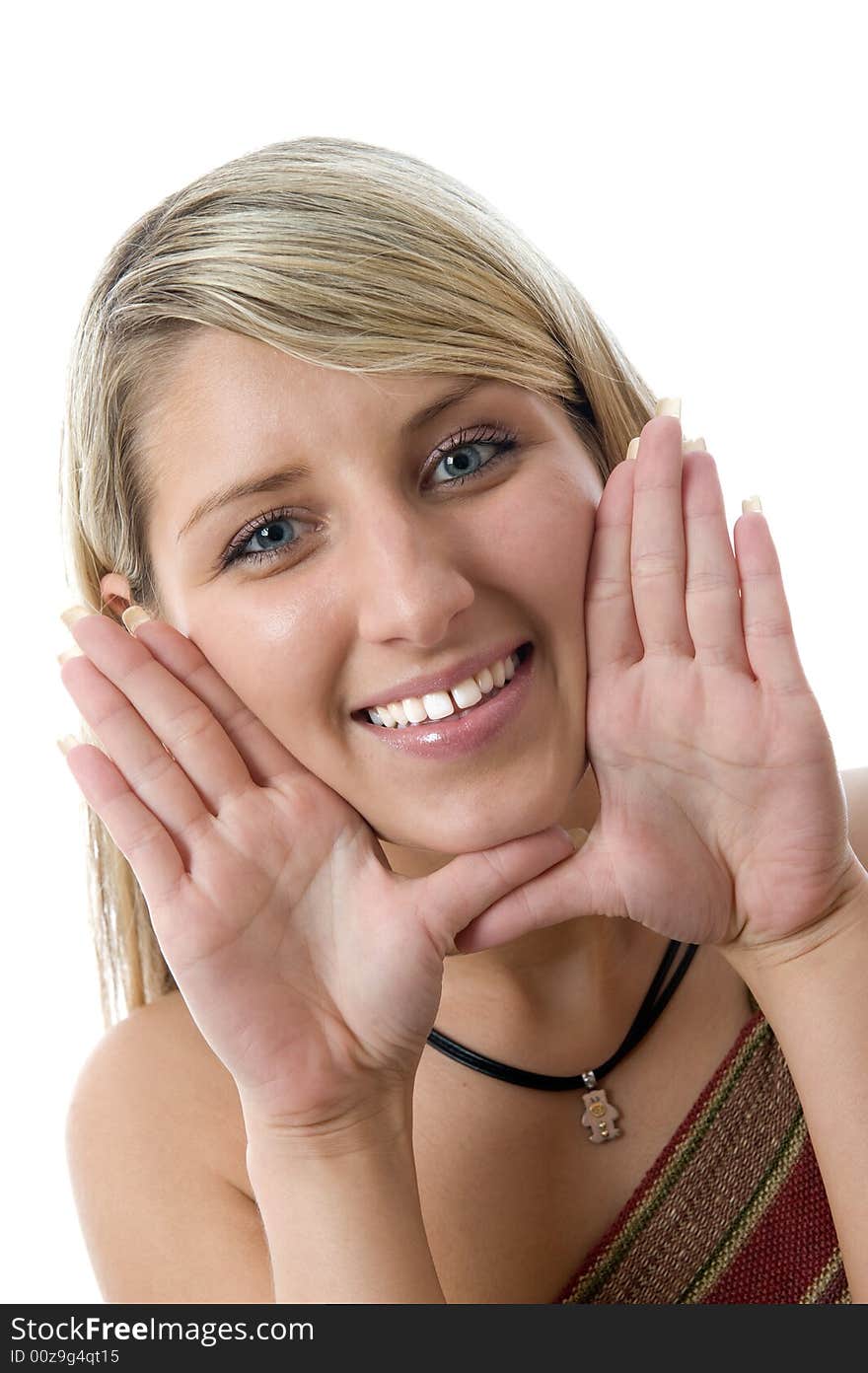 Beautiful young woman framing face with hands. Isolated over white.