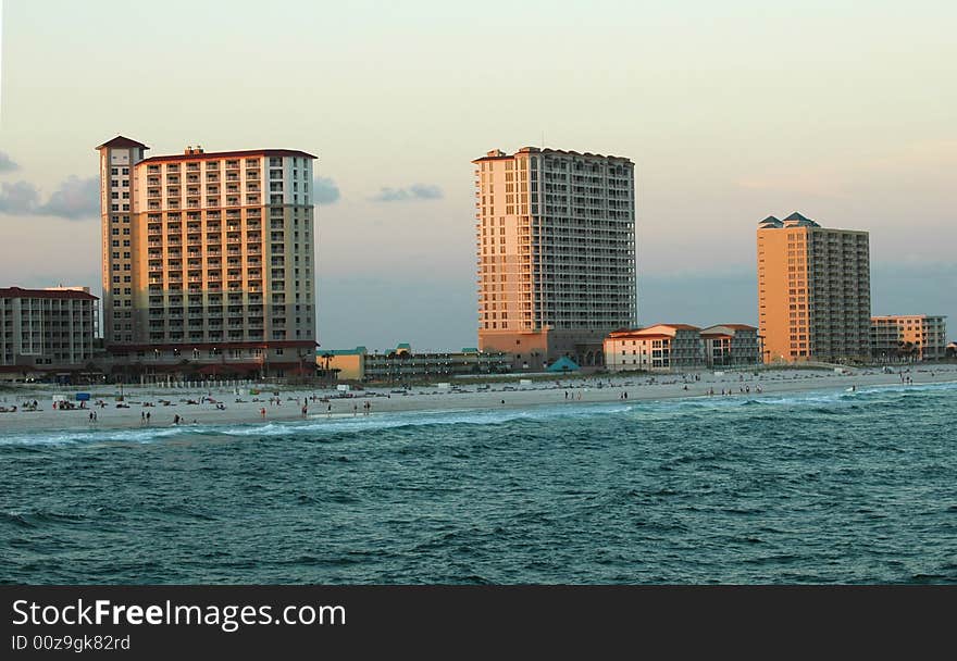 Beach resort skyline at sunset in the summer